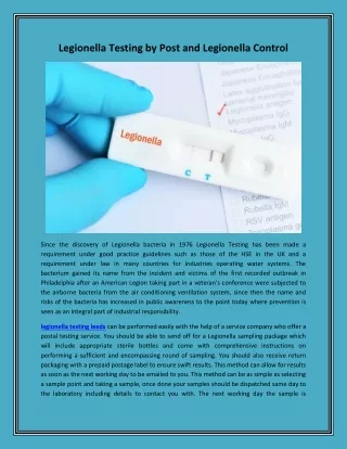 legionella testing by post and legionella control