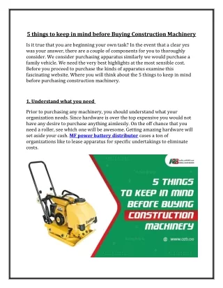5 things to keep in mind before Buying Construction Machinery