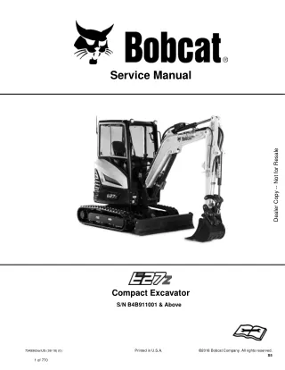 Bobcat E27Z Compact Excavator Service Repair Manual (SN –B4B911001 and Above)