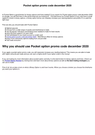 Pocket option promo code december 2020