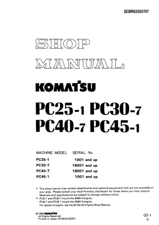 Komatsu PC40-7 Hydraulic Excavator Service Repair Manual SN 24522-24994