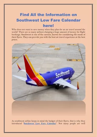 Find All the Information on Southwest Low Fare Calendar here!