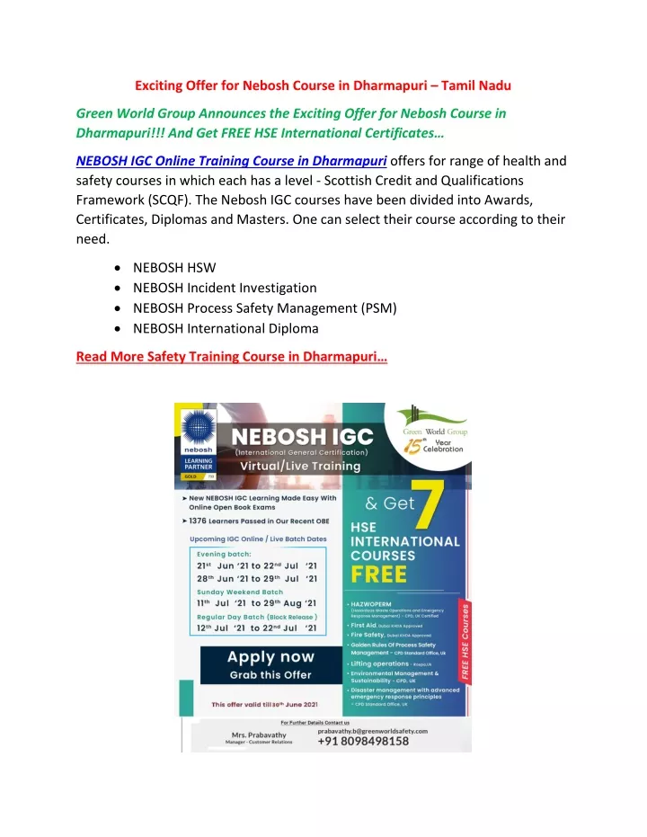 exciting offer for nebosh course in dharmapuri