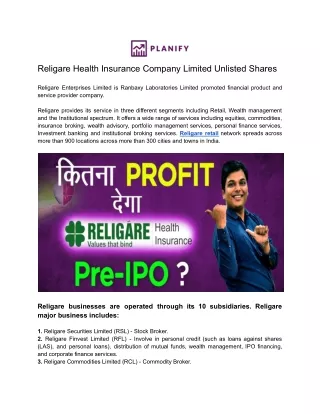 Religare Health Insurance Pre IPO - Planify