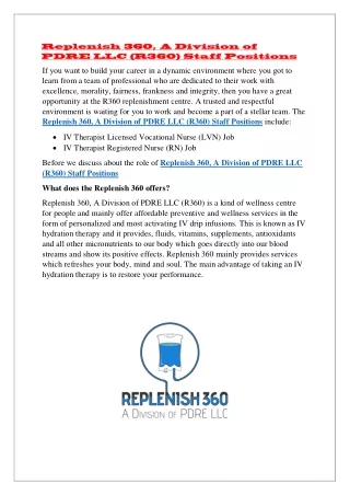 Replenish 360, A Division of PDRE LLC (R360) Staff Positions