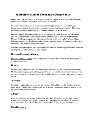 Incredible Munnar-Thekkady-Alleppey Tour