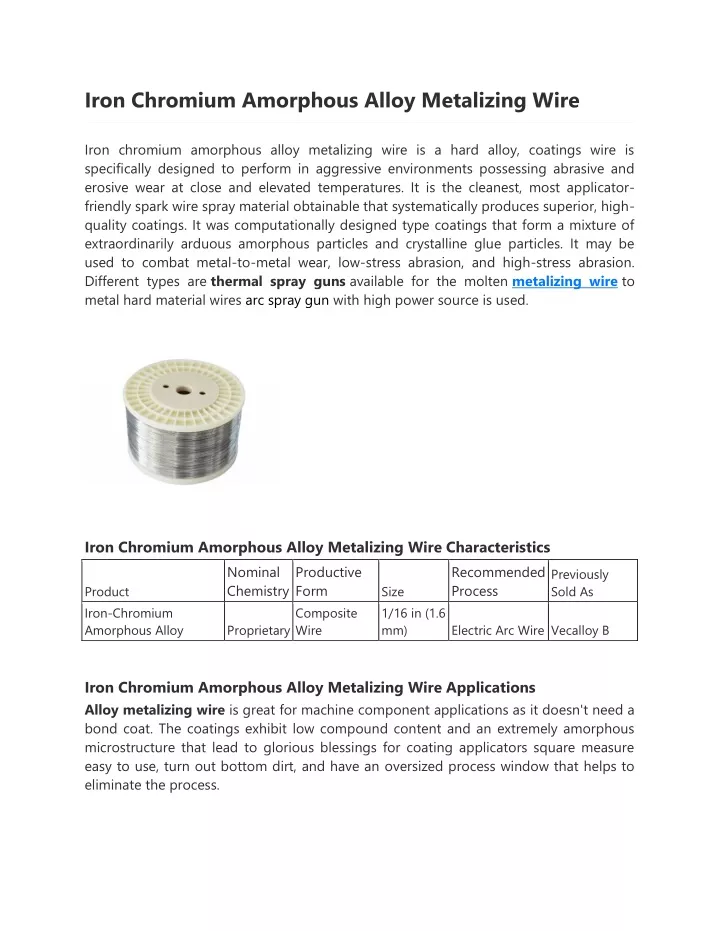 iron chromium amorphous alloy metalizing wire