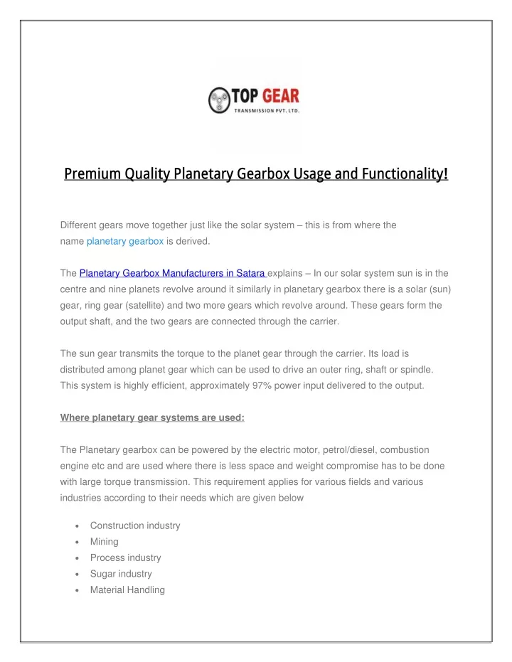 premium quality planetary gearbox usage