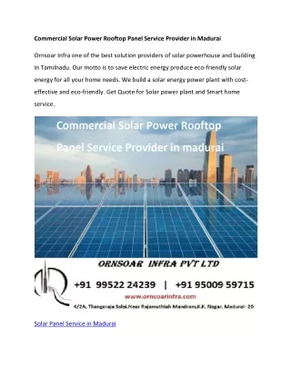 Commercial Solar Power Rooftop Panel Service Provider in Madurai