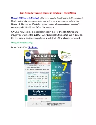 join nebosh training course in dindigul tamil nadu