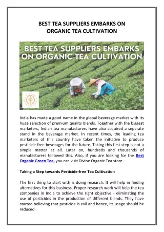 BEST TEA SUPPLIERS EMBARKS ON ORGANIC TEA CULTIVATION