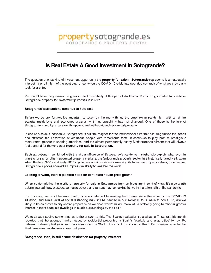 is real estate a good investment in sotogrande