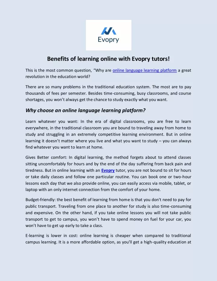 benefits of learning online with evopry tutors