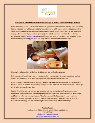 Schedule an Appointment for Russian Massage at World-Class Licensed Spa in Dubai