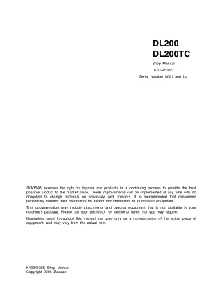 Daewoo Doosan DL200 Wheel Loader Service Repair Manual (Serial Number 5001 and Up)