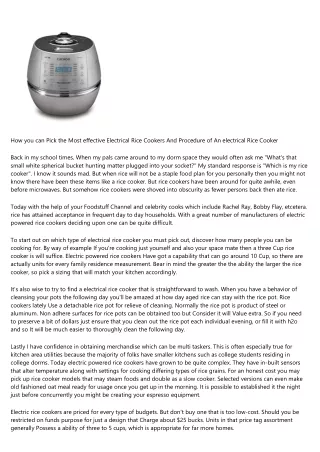 Ways to Choose the Greatest Electric Rice Cookers And Procedure of an Electric R