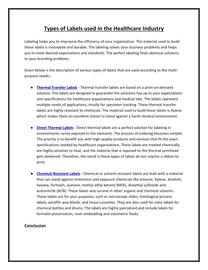 types of labels used in the healthcare industry