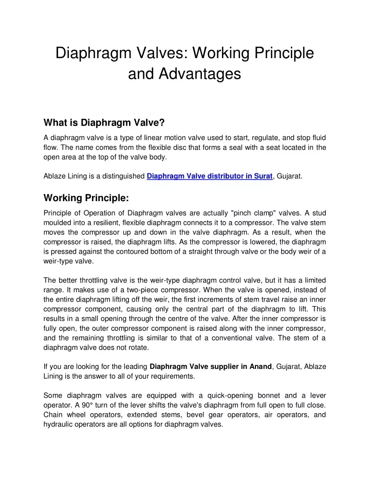 diaphragm valves working principle and advantages