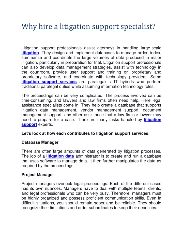 why hire a litigation support specialist