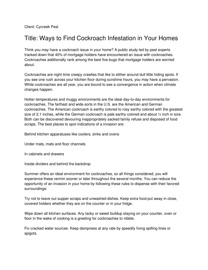 client cycreek pest title ways to find cockroach