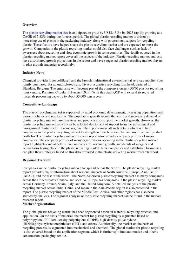 overview the plastic recycling market size