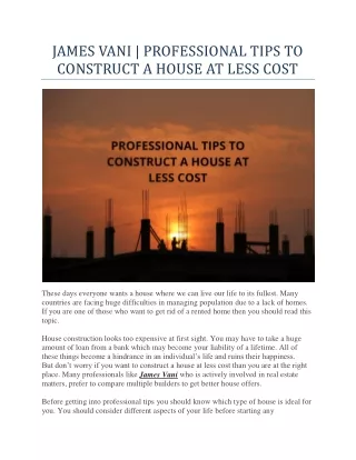 JAMES VANI | PROFESSIONAL TIPS TO CONSTRUCT A HOUSE AT LESS COST