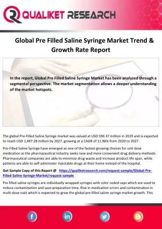 Global Pre Filled Saline Syringe Market  Size , Share, Application Analysis,