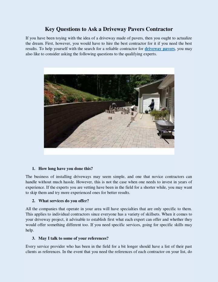 key questions to ask a driveway pavers contractor
