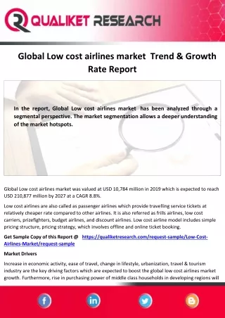 Global Low Cost Airlines MarketIndustry Analysis, Size, Share,Growth Opportunity