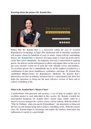 Why Dr Kamini Rao Master Class Important