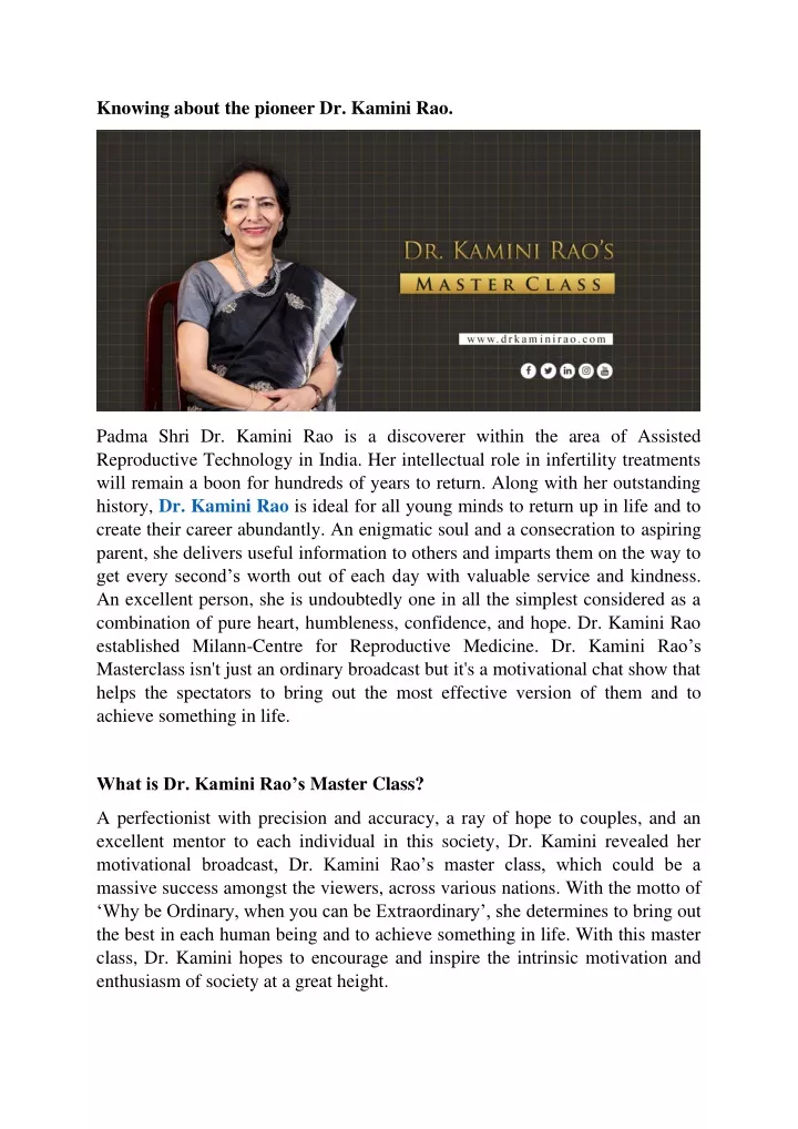 knowing about the pioneer dr kamini rao