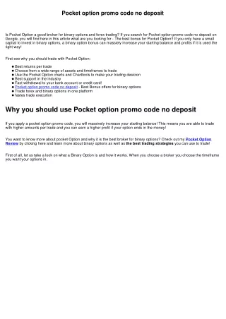 Pocket option promo code no deposit