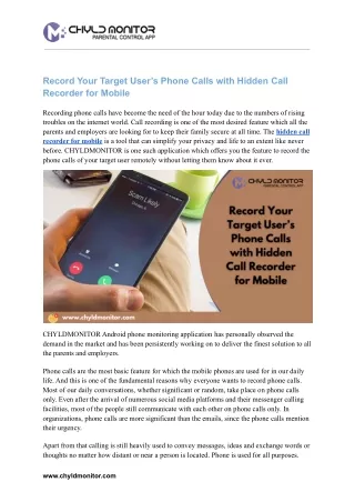 Record Your Target User’s Phone Calls with Hidden Call Recorder for Mobile