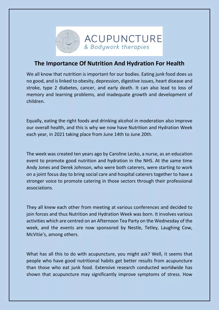 the importance of nutrition and hydration