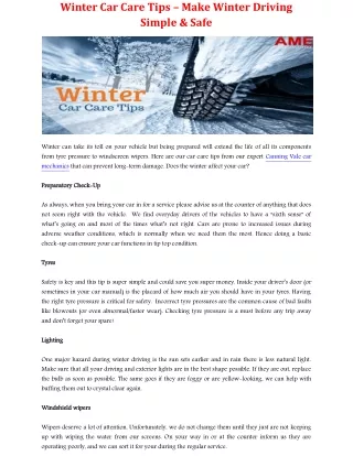 Winter Car Care and Driving Tips in Canning Vale