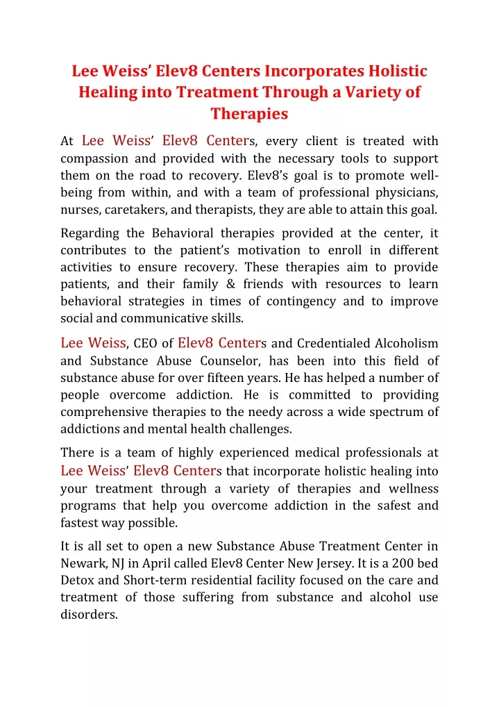 lee weiss elev8 centers incorporates holistic
