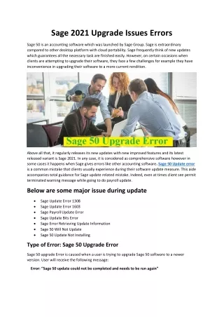 sage 2021 upgrade issues errors
