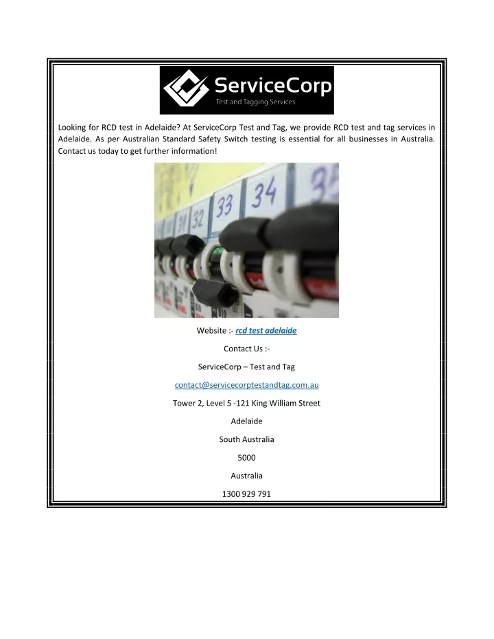 looking for rcd test in adelaide at servicecorp