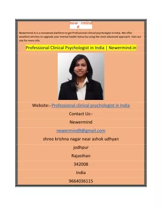 Professional Clinical Psychologist in India Newermind.in