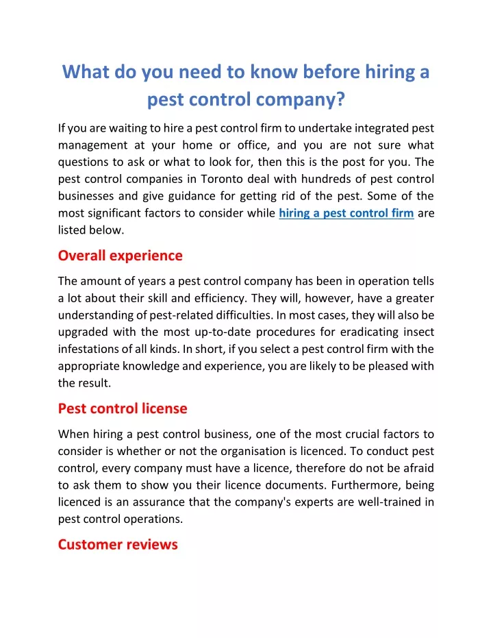 what do you need to know before hiring a pest