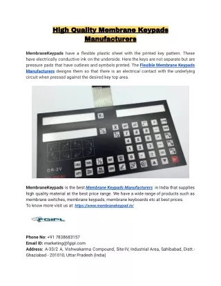Top Quality Membrane Keypads Manufacturers in India