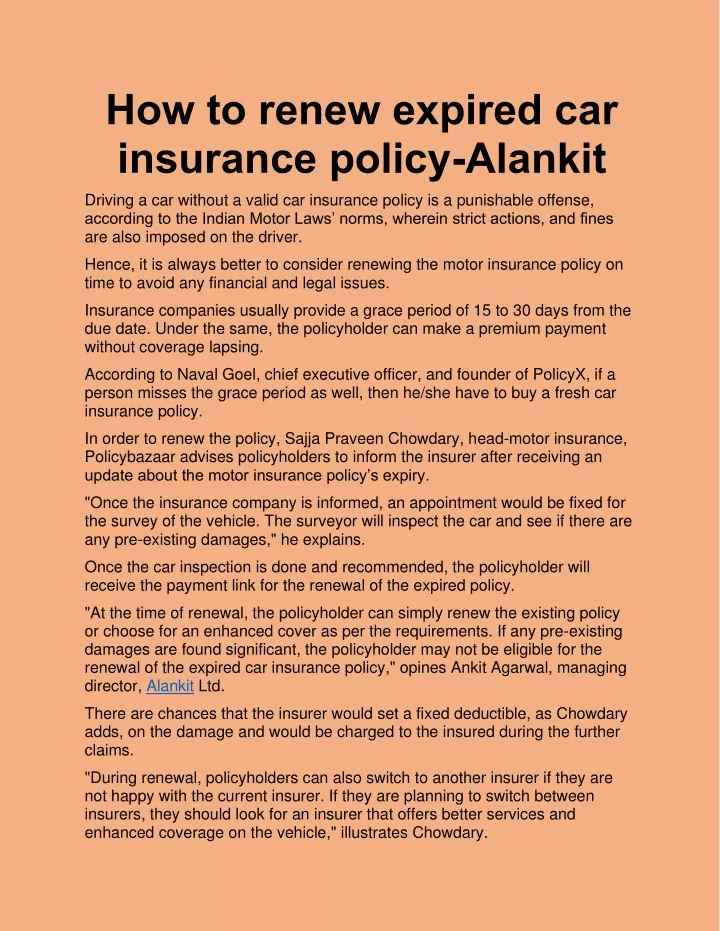 how to renew expired car insurance policy alankit