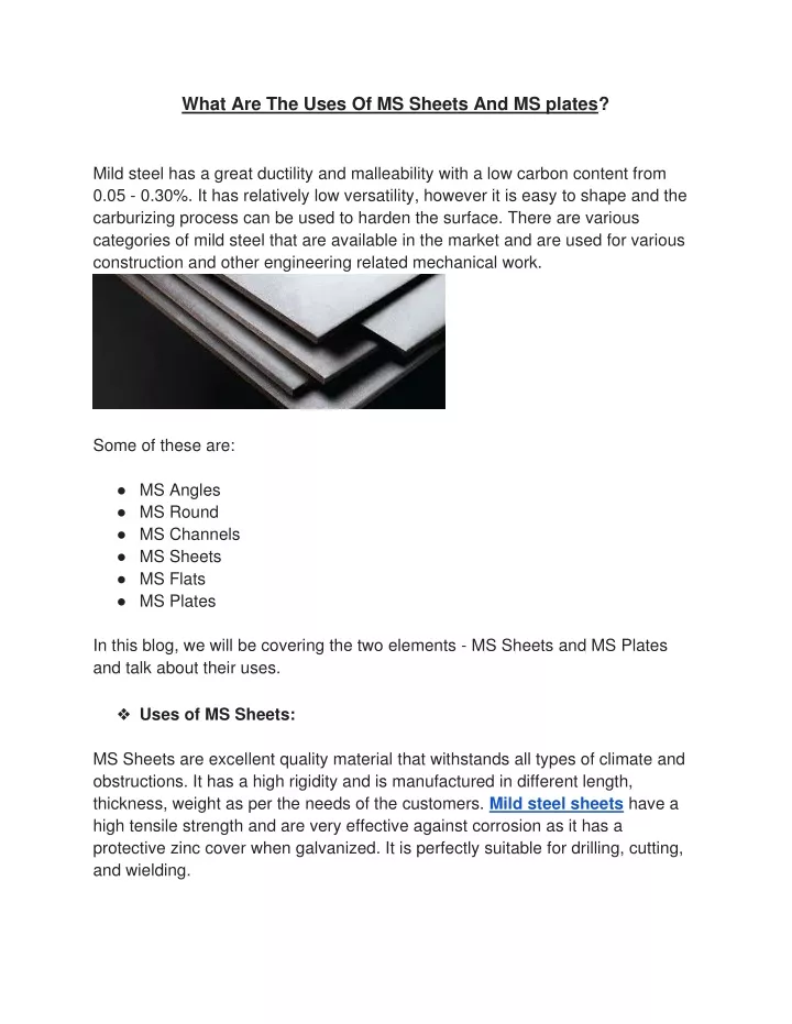 what are the uses of ms sheets and ms plates