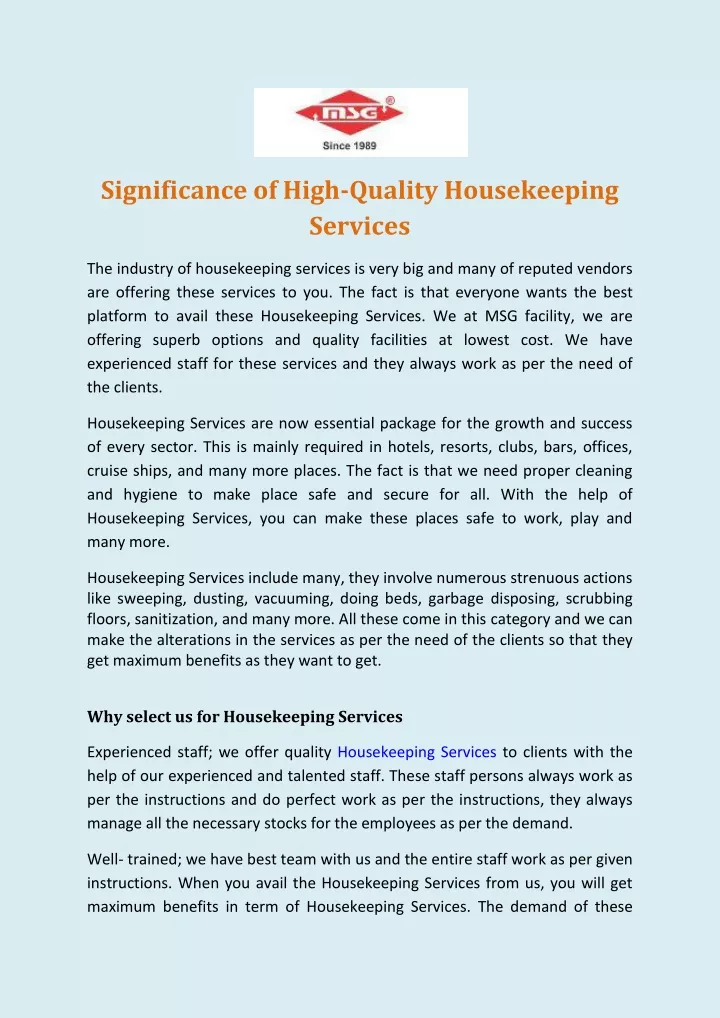 significance of high quality housekeeping services