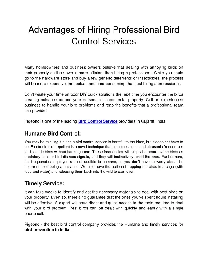 advantages of hiring professional bird control