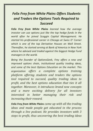 Felix Frey from White Plains Offers Students and Traders the Options Tools Required to Succeed
