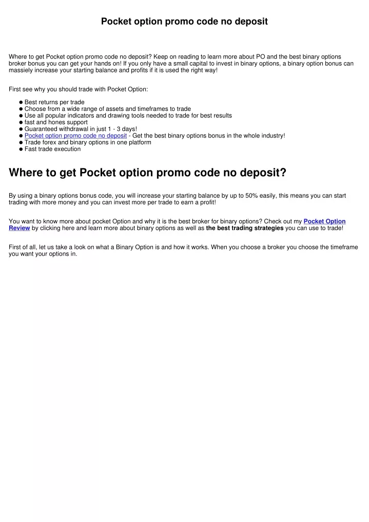 pocket option promo code no deposit