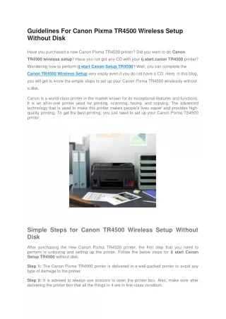 Guidelines For Canon Pixma TR4500 Wireless Setup Without Disk