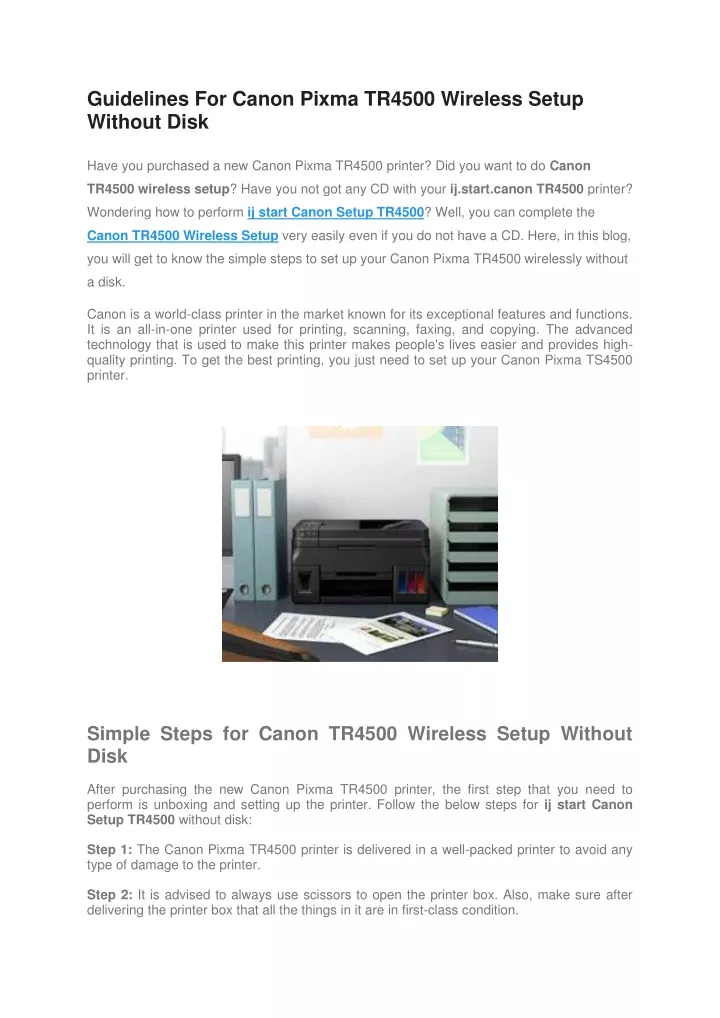 Ppt Guidelines For Canon Pixma Tr4500 Wireless Setup Without Disk Powerpoint Presentation Id 3387