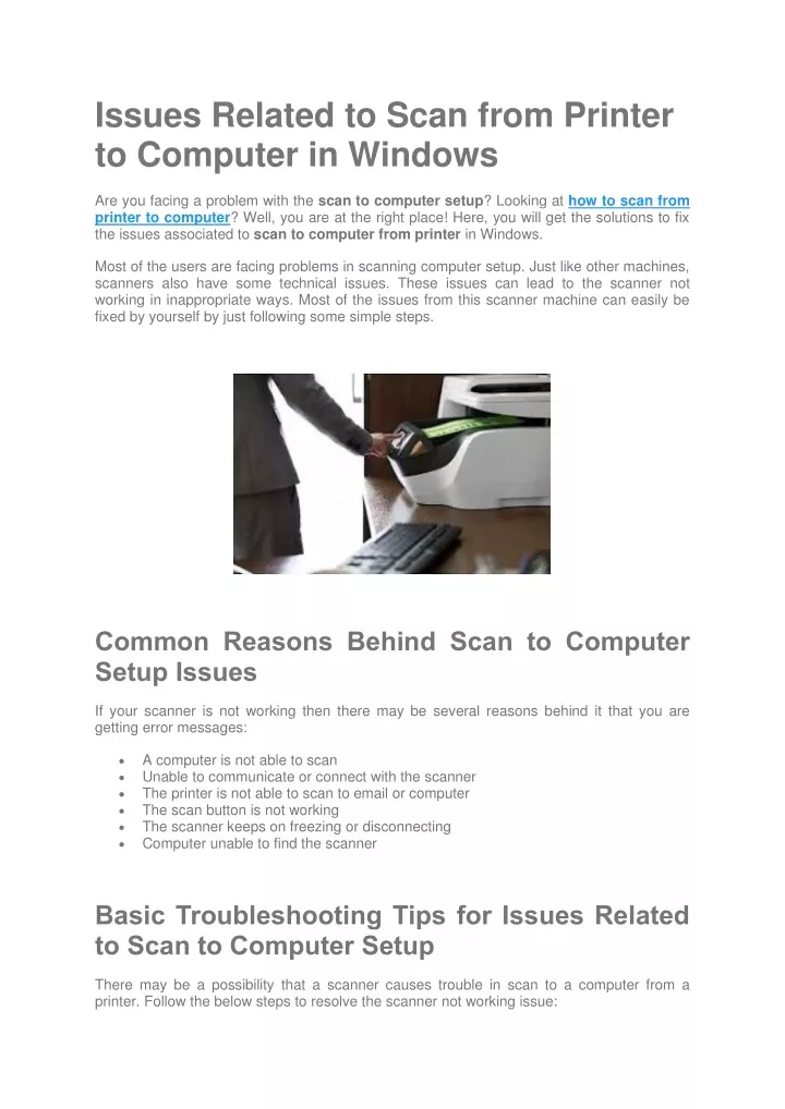 issues related to scan from printer to computer